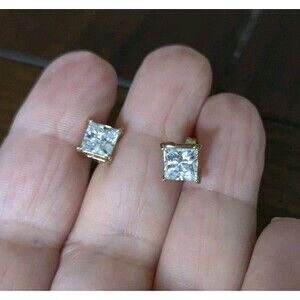 925 Sterling Silver Earrings Gold tone Cushion-Cut CZ Stud Signed CC 925